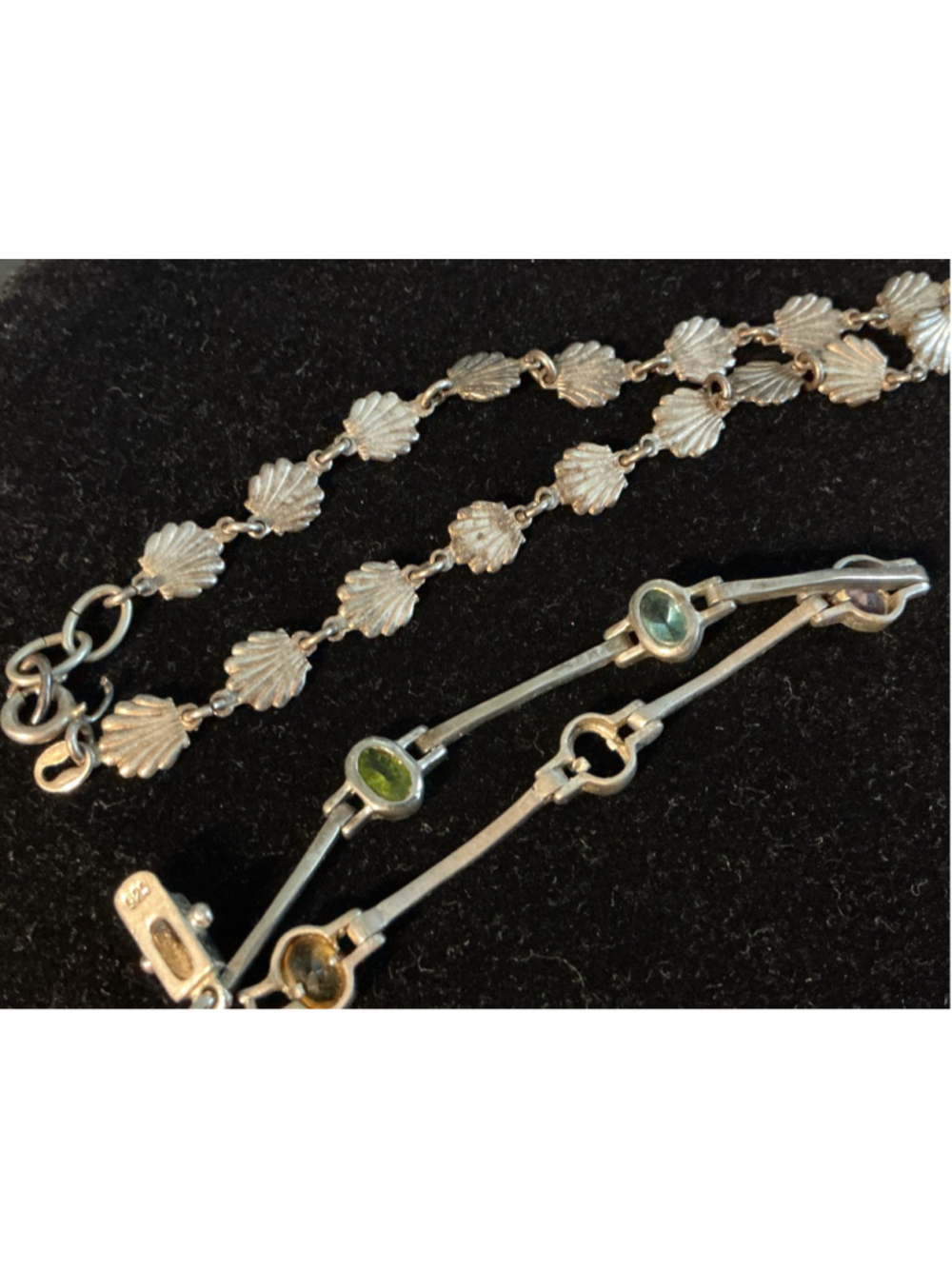 Vtg 925 Silver Bracelet Lot 2pc Italian Scallop Shell & Rainbow Multi Gemstone. - Picture 7 of 8